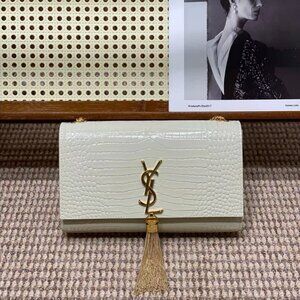 Yves YSL Saint Laurent KATE medium fringed crocodile-embossed leather bag